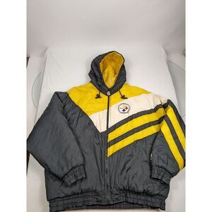 VTG Pittsburgh Steelers Game Day Puffer Jacket Hooded Quilted XL  Zip Sharktooth